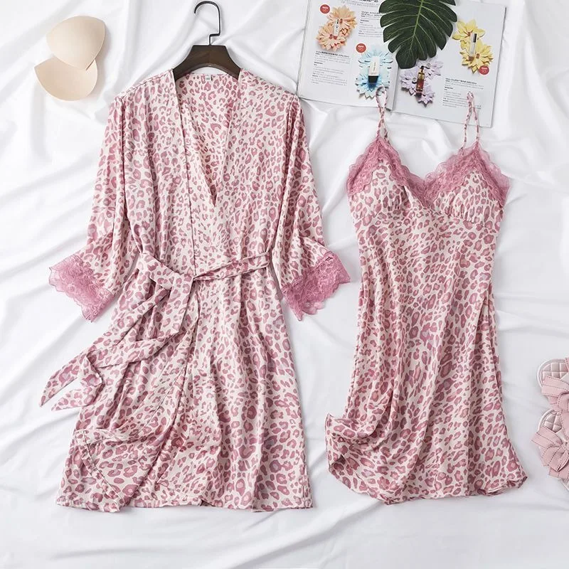 2023 Summer Autumn Pajamas Women Sexy Two Piece Ice Silk Thin Large Sleeves Pajama Dresses with Chest Pads for External Wear