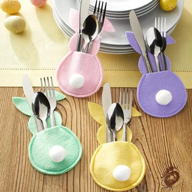 4pcs Easter Cutlery Bag Felt Bunny Rabbit Knife Fork Holder Bags Tableware Spring Easter Festival Party Home Table Decorations
