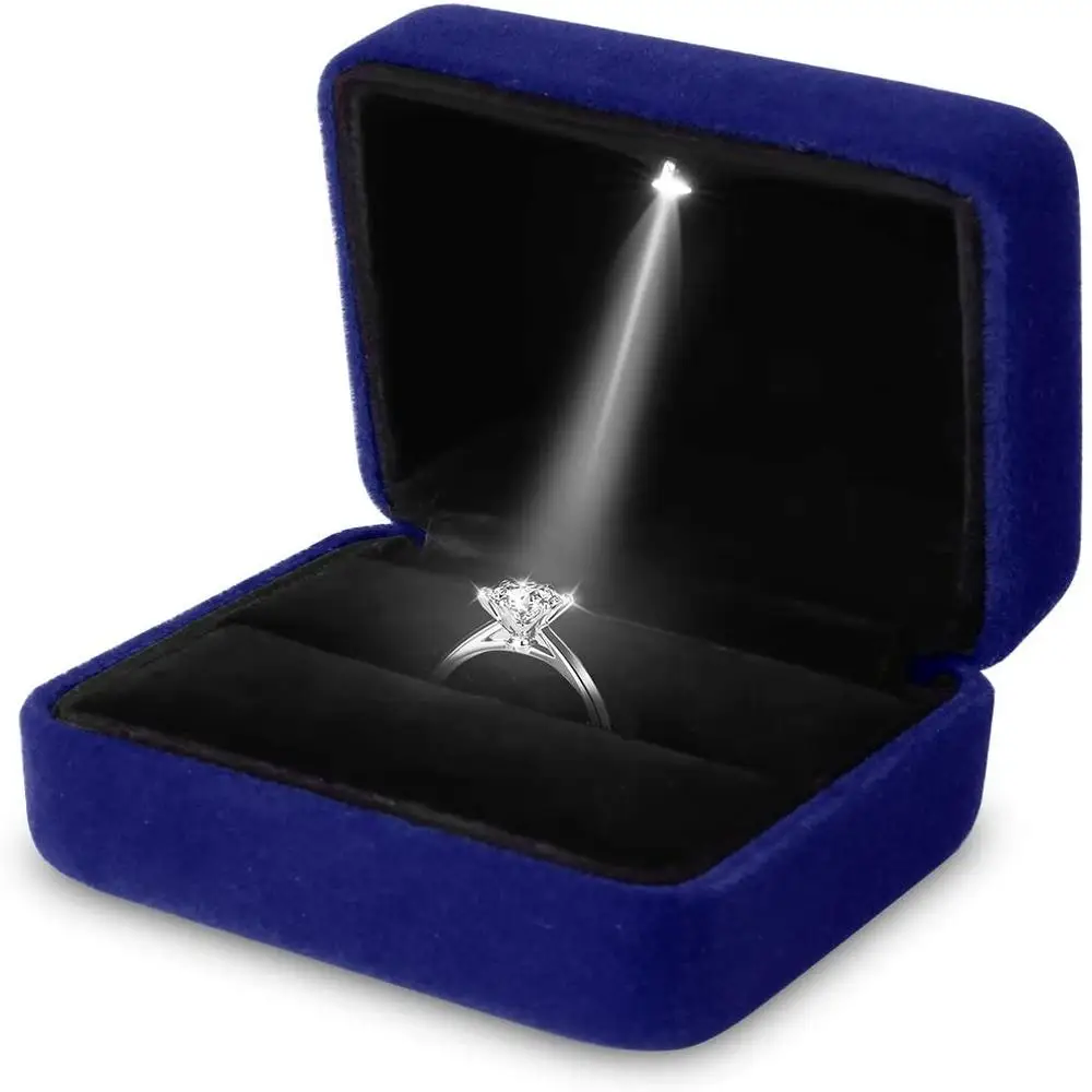 Scatola Porta Anelli In Velluto Quadrata Con Luce LED | Astuccio Regalo Per Proposta Di Matrimonio E Fidanzamento | Espositore Gioielli Luminoso E Portatile