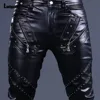 Men Fashion Rock Style PU Leather Pants Sexy Night Club Dance Pants Men's Rivets Zipper Faux Leather Slim Motorcycle Trouser New