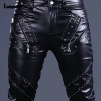 Men Fashion Rock Style PU Leather Pants Sexy Night Club Dance Pants Men's Rivets Zipper Faux Leather Slim Motorcycle Trouser New
