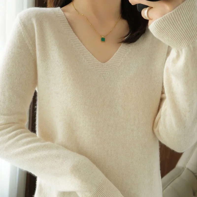 

Women's 2023 Autumn Winter Knitted Pullovers V-neck Slim Fit Bottoming Shirt Solid Color Long Sleeve Soft Knitwear Sweaters