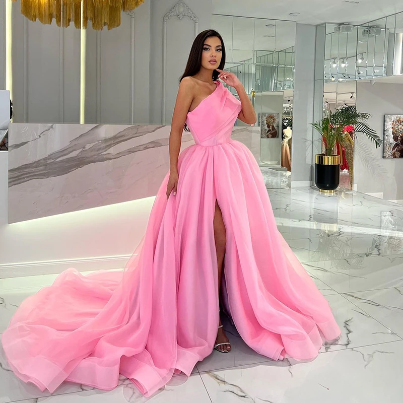 

Thinyfull Pink A-Line Prom Dresses One Shoulder Tulle Split Evening Dress Princess Saudi Arabia Cocktail Party Gowns Plus Size