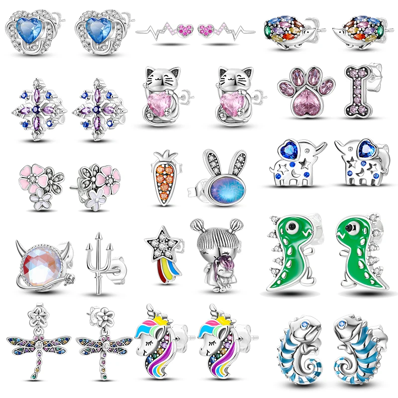 Cute Unicorn Stud Earrings 925 Sterling Silver For Little Girl Crystal Cat Mouse Elephant Heart Star Earring Gift Jewelry