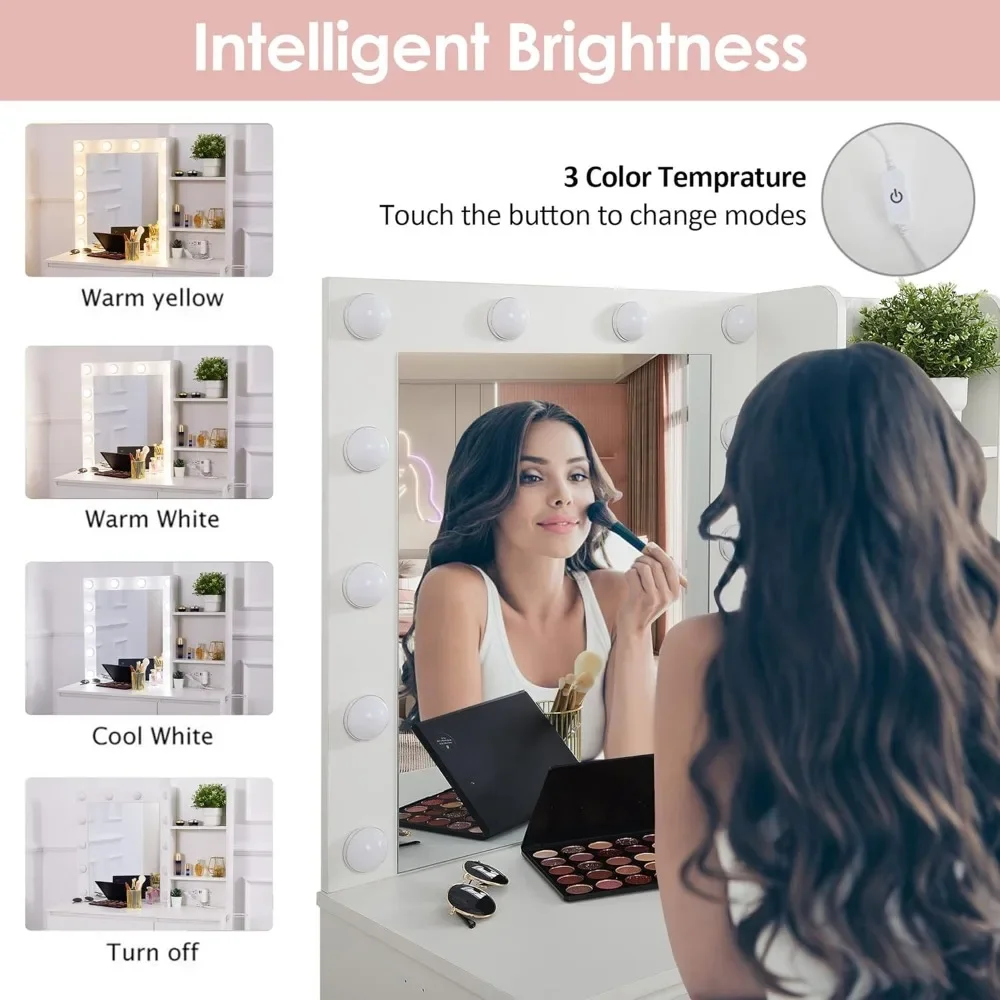 Makeup Vanity with Lights, 37inch Vanity Desk with Power Strip, 4 Drawers Makeup Table with Lighted Mirror, 3 Lighting Colors 4