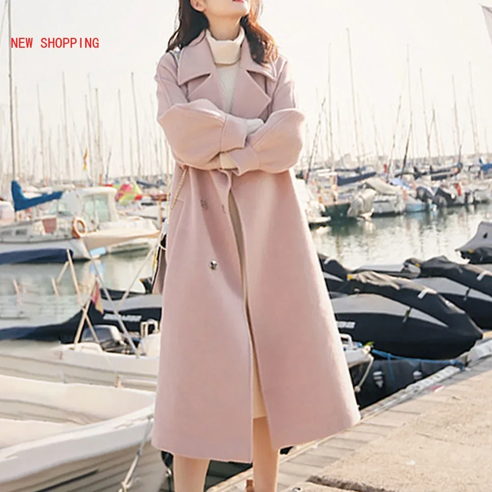 New Woolen Coat Beige Long Thick Female Fashion Pink Belt Elegant Autumn Winter Women Casual Lantern Sleeve Slim Wool Jacket