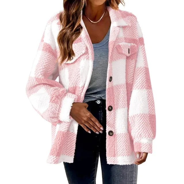 2024 Autumn Winter New Women's Clothing Pocket Plaid Lambswool Jacket Button Plush Coat Shacket 6