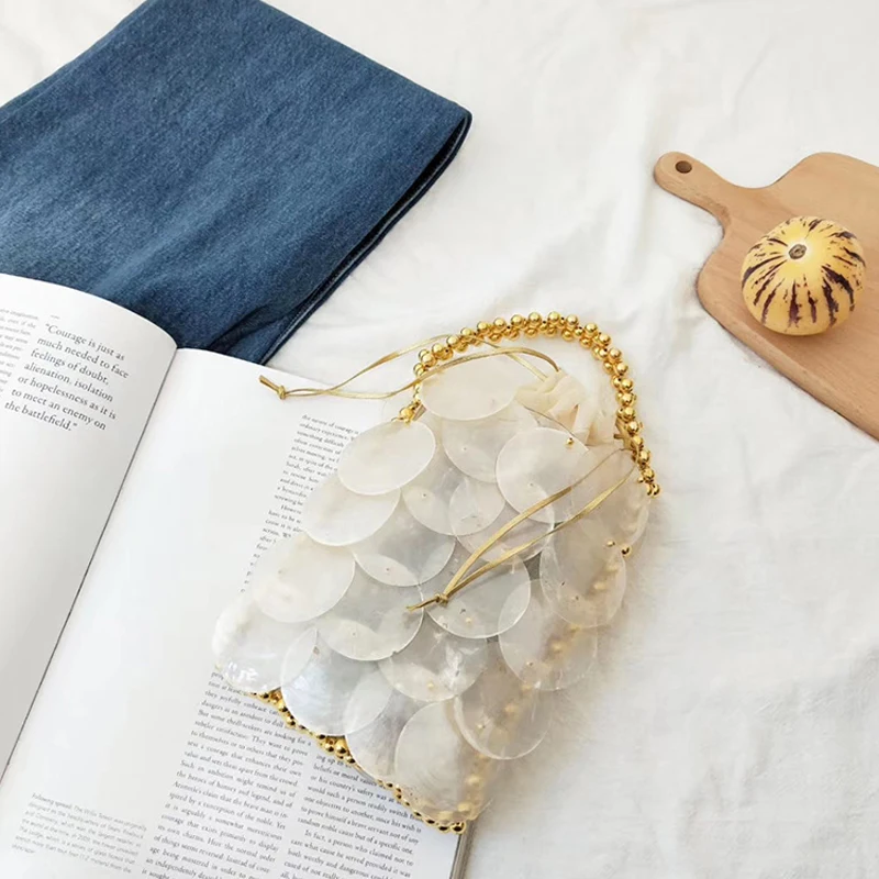 Fairy Shell Bag Natural Fritillary Piece Bag Sequin Hand Weaving Beaded Handbag Crossbody Phone Ladies Party Elegant