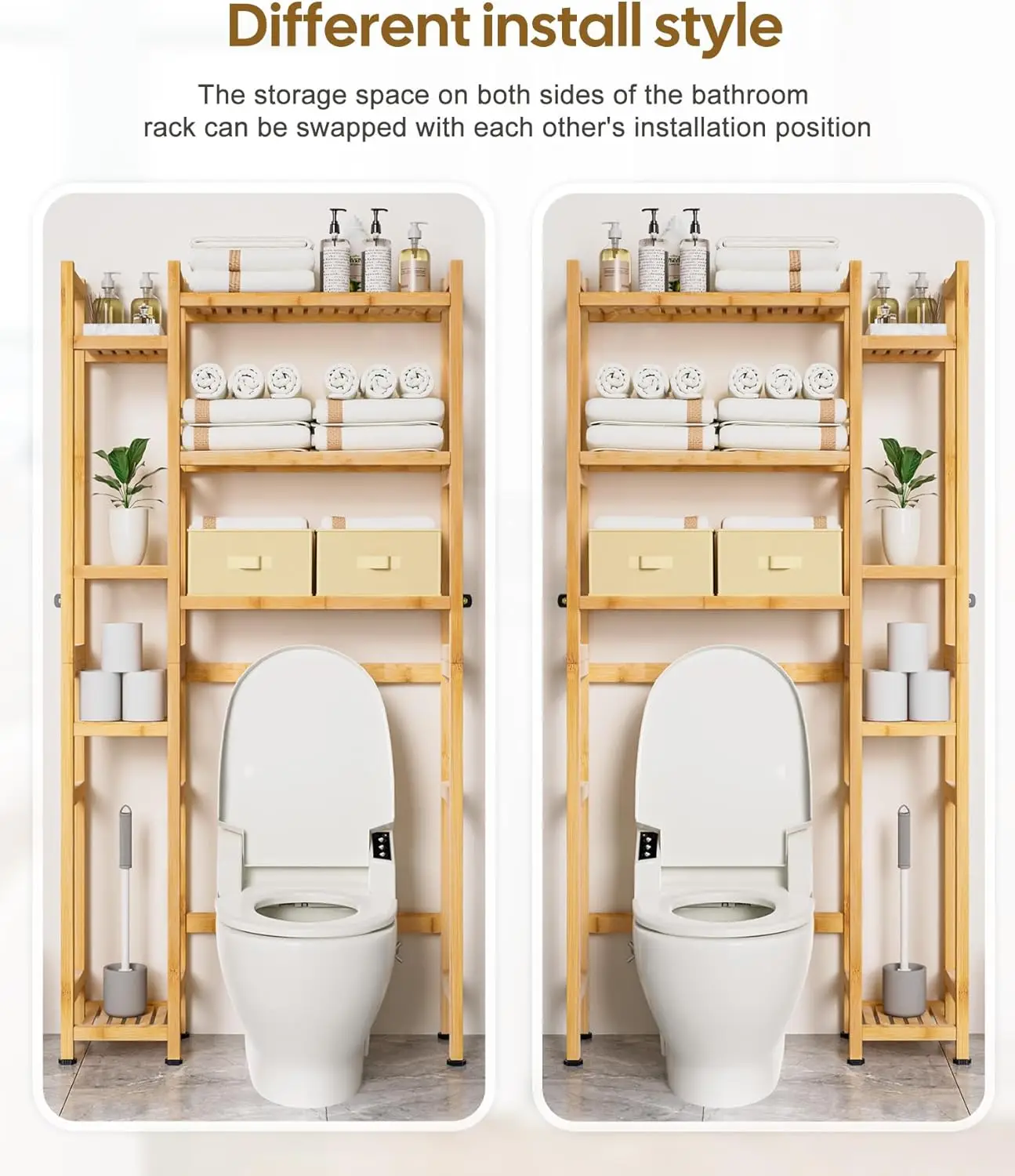 Over Toilet Storage. Bamboo Organizer. Basket, Drawer, Adjustable Shelf. Waterproof Feet Pad. Space Saver. Natural.