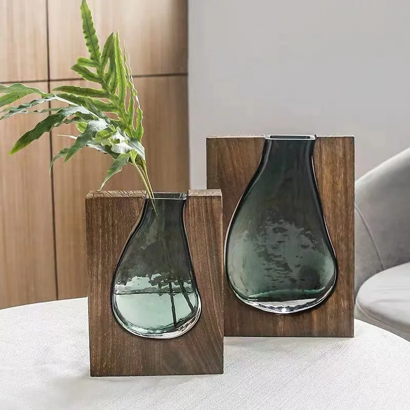 Solid Wood Transparent Glass Vase for Home Decor Crystal Flower Vase Modern Centerpiece for Living Room/Hotel Lobby Decoration