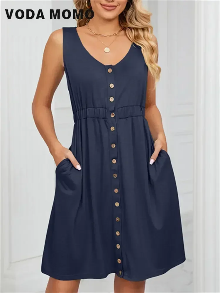 Vintage Elegant 2023 Summer Casual A-Line Womens Pullover Loose Pocket  Dress Chic O-Neck Solid Sleeveless Long Dresses For Women - AliExpress  200000345