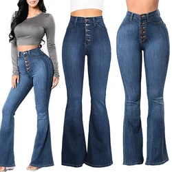 Women Streetwear Y2k Flared Jeans Autumn Elastic Plus Loose Denim Pocket Button Casual Boot Cut Pants Fashion Stretch Blue Jean