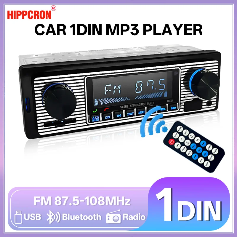 HIPPCRON 1 Din Car Radio Stereo MP3 Multimedia Player Digital Bluetooth FM Audio Music USB SD Card With In Dash AUX Input 12V car radio