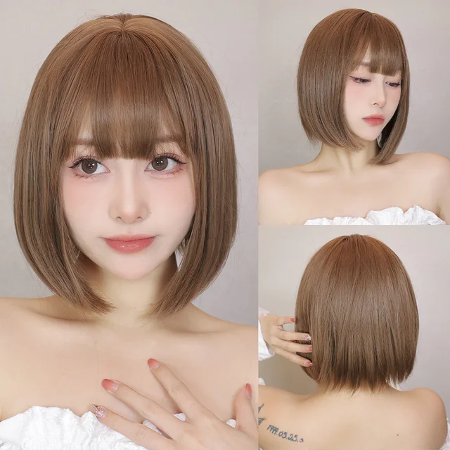 Light Brown Synthetic Wigs Straight Short Bob Cut with Bangs Wig for White Women Korean Daily Party Cosplay Heat Resistant Hair Light Brown Synthetic Wigs Straight Short Bob Cut with Bangs Wig for White Women Korean Daily.jpg