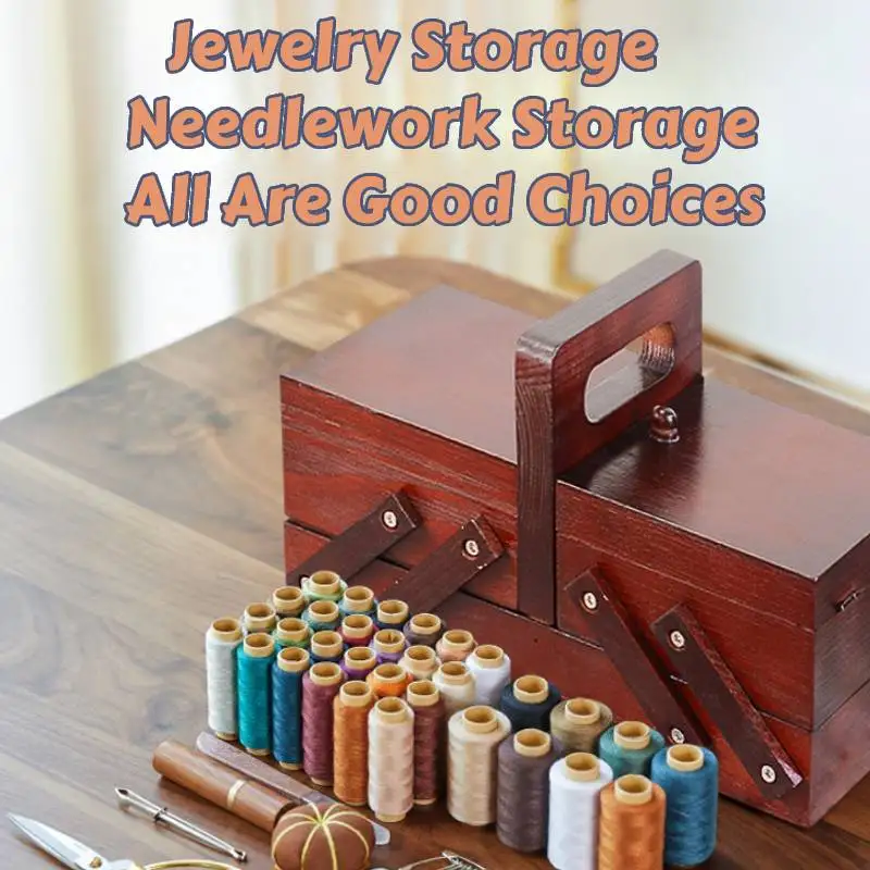 Portable Foldable Wooden Sewing Box Compartments Thread Stitching Sew Basket Organizer Jewelry Boxes Sewing Supplies Household sewing accessories sewing storage box sewing thread box crafts storage box