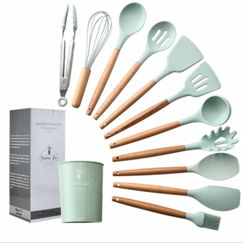 9/10/13Pcs Silicone Cooking Tools Set, Kitchen Utensils with Wooden Handle-Turner Soup Spoon Spatula Pasta Server Tongs Whisk