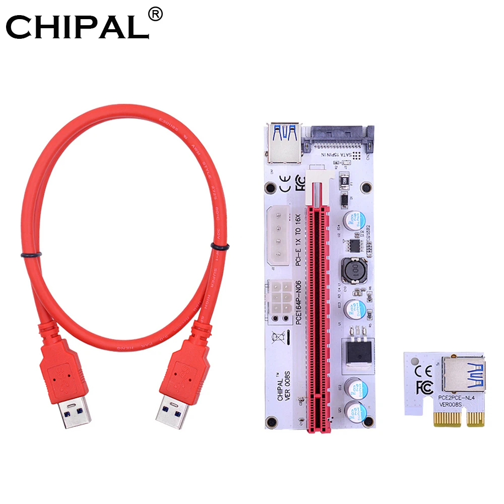 CHIPAL VER008S PCI-E Riser Card 4Pin SATA 6PIN PCI Express Power Adapter Extender 1X to 16X 60cm 008 008s USB 3.0 Cable