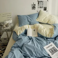 Parure de lit 4 pièces en coton double lavage couleur unie de haute qualité pour dortoir étudiant 1