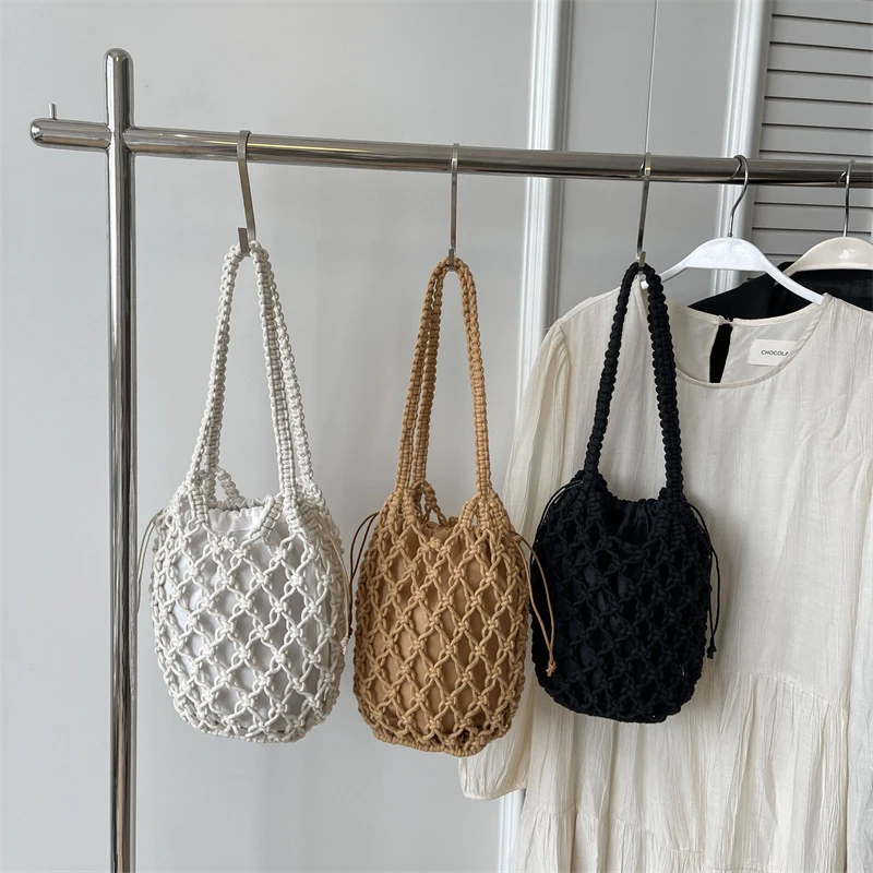 Ladies Summer Bucket Shoulder Bag Phone Purse Handmade Hollow Out Cotton Rope Crochet Bag Small Handbag For Women