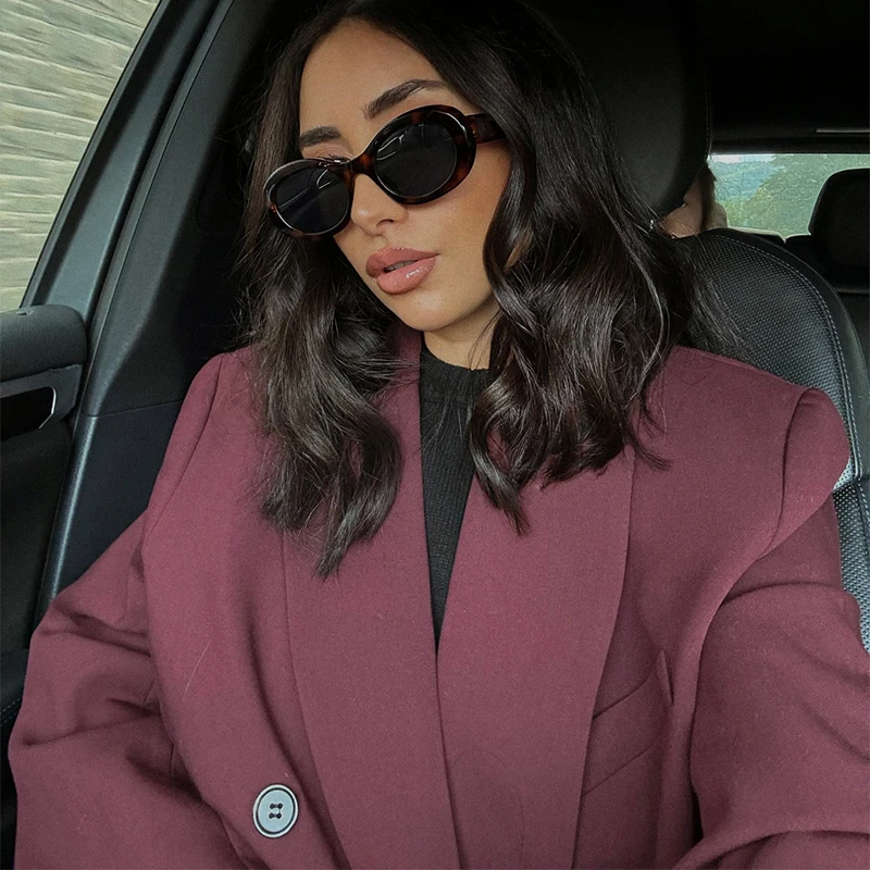 Fashion Burgundy Lapel Blazer Coat Women Elegant Double Breasted Full Sleeve Pocket Jacket Fall New Female Commute Outwear