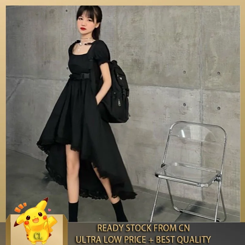 CL Summer Korean Version Dark Black Lolita Slim Waist Design Net Red Square Neck Swing Short Sleeve Dress