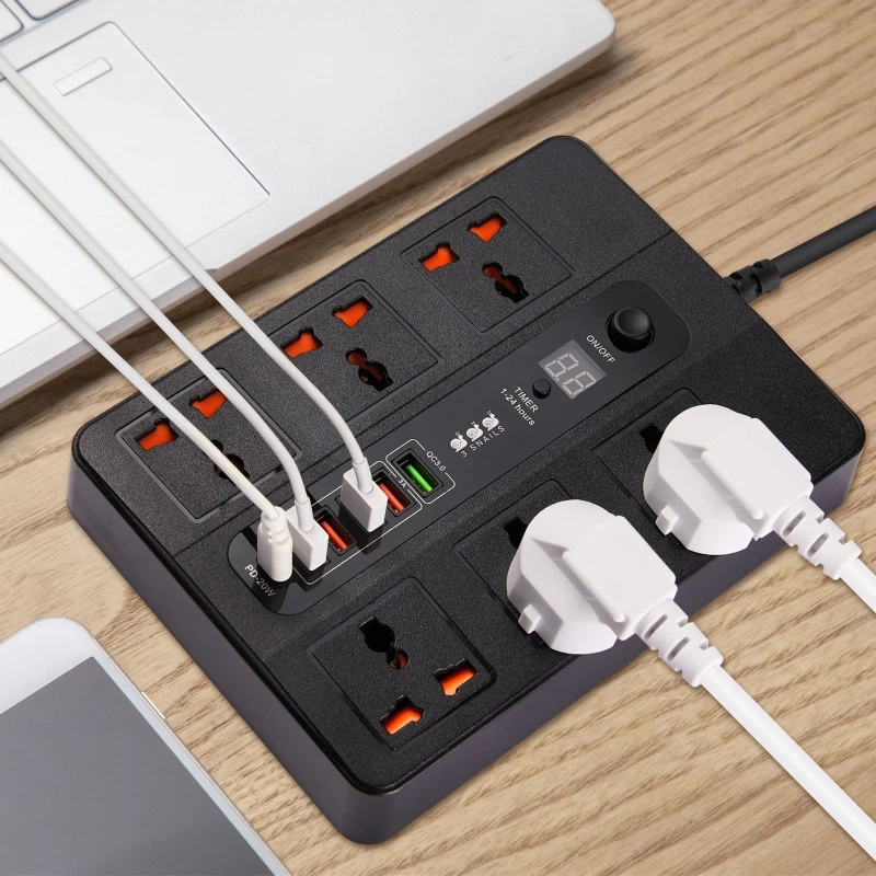 3000W 6 AC Outlets Power Strip 20W PD QC3.0 USB Fast Charger 6 Ports