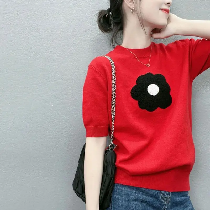 

Stylish Loose Spliced Korean Embroidery Blouse Women's Clothing 2024 Spring New Casual Pullovers Short Sleeve All-match Shirt