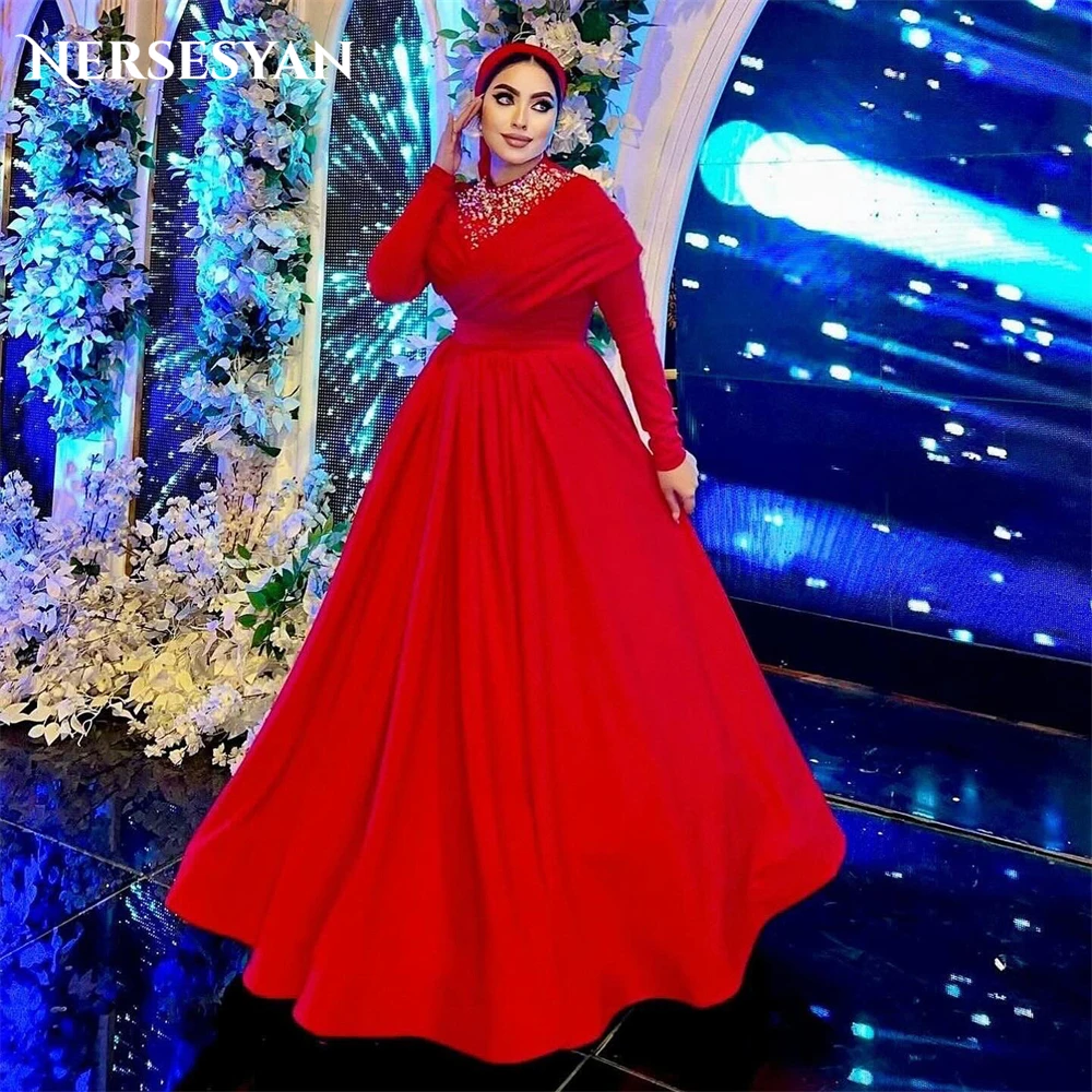 

Nersesyan Elegant Glitter Formal Evening Dresses Muslim Long Sleeves A-Line Sparkly Prom Dress Pleats Celebrity Party Gowns 2024