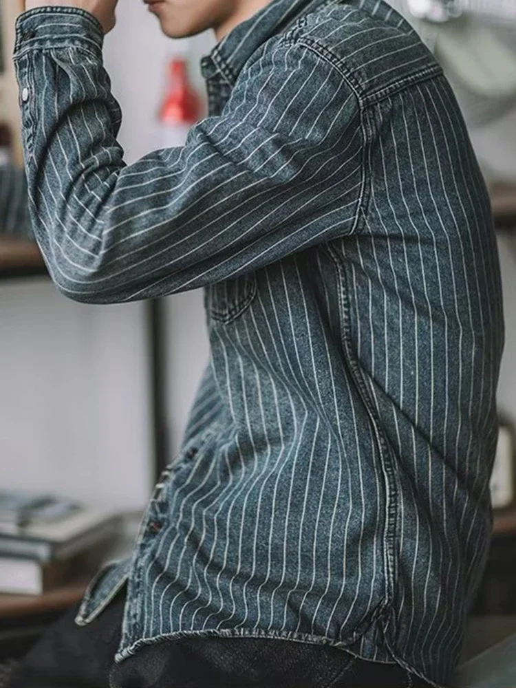 Men's Denim Shirt Long Sleeved Shirt Casual Buttoned Lapel Striped Spring Cargo Top