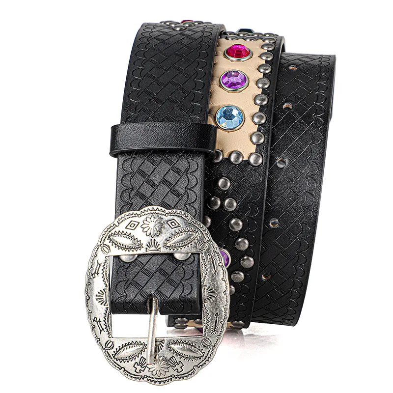 Women's Fashion Vintage Carved Buckle Sparkling Belt Western Denim Shiny Rivet Designer Rhinestone Accessory Belts，For Men Women