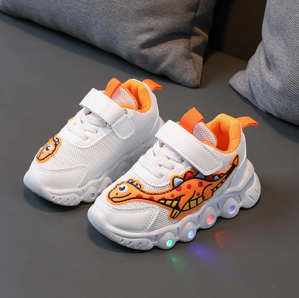 Toddler Baby Led Light Shoes Design Boys Girls Dinosaur Mesh Breathable Stretch Sport Running Sneakers Infant Walking Shoes