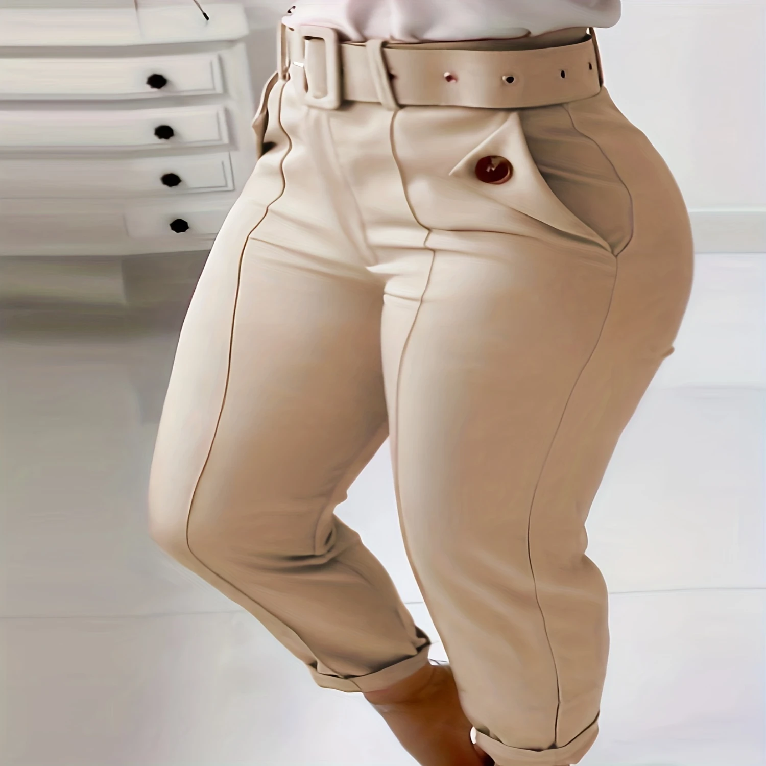 Chic Womens Belted Skinny Leggings-Comfort Fit with Sleek Slant Pockets, Versatile Casual Wear