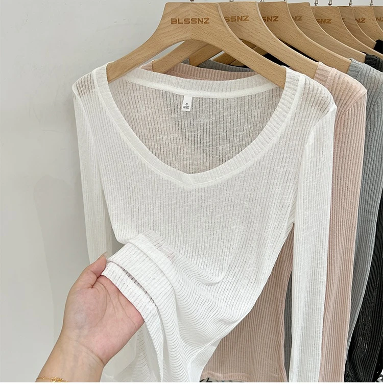 Zjaiss Damen T-Shirt mit V-Ausschnitt, Sonnenschutz, Langarm, Sommer 2026, Neuer Lazy-Style, Transparentes, Dünnes, Durchsichtiges Überwurf-Top – Detail 4