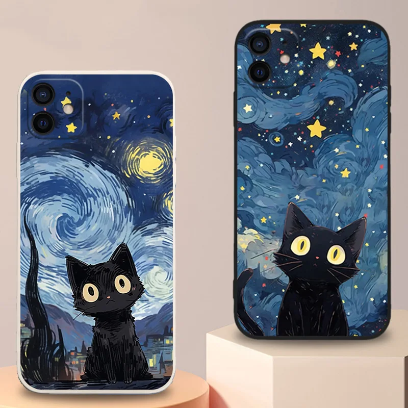 Artistic Black Cat Starry Night Phone Case For iPhone 15 14 13 12 11 Pro Max 12 13 Mini XS Max XR SE3 8 14 Plus Soft Shell Cover