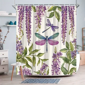 1 tenda da doccia con libellule e glicine, libellule blu e viola con fiori di glicine a cascata, stile botanico vintage 1