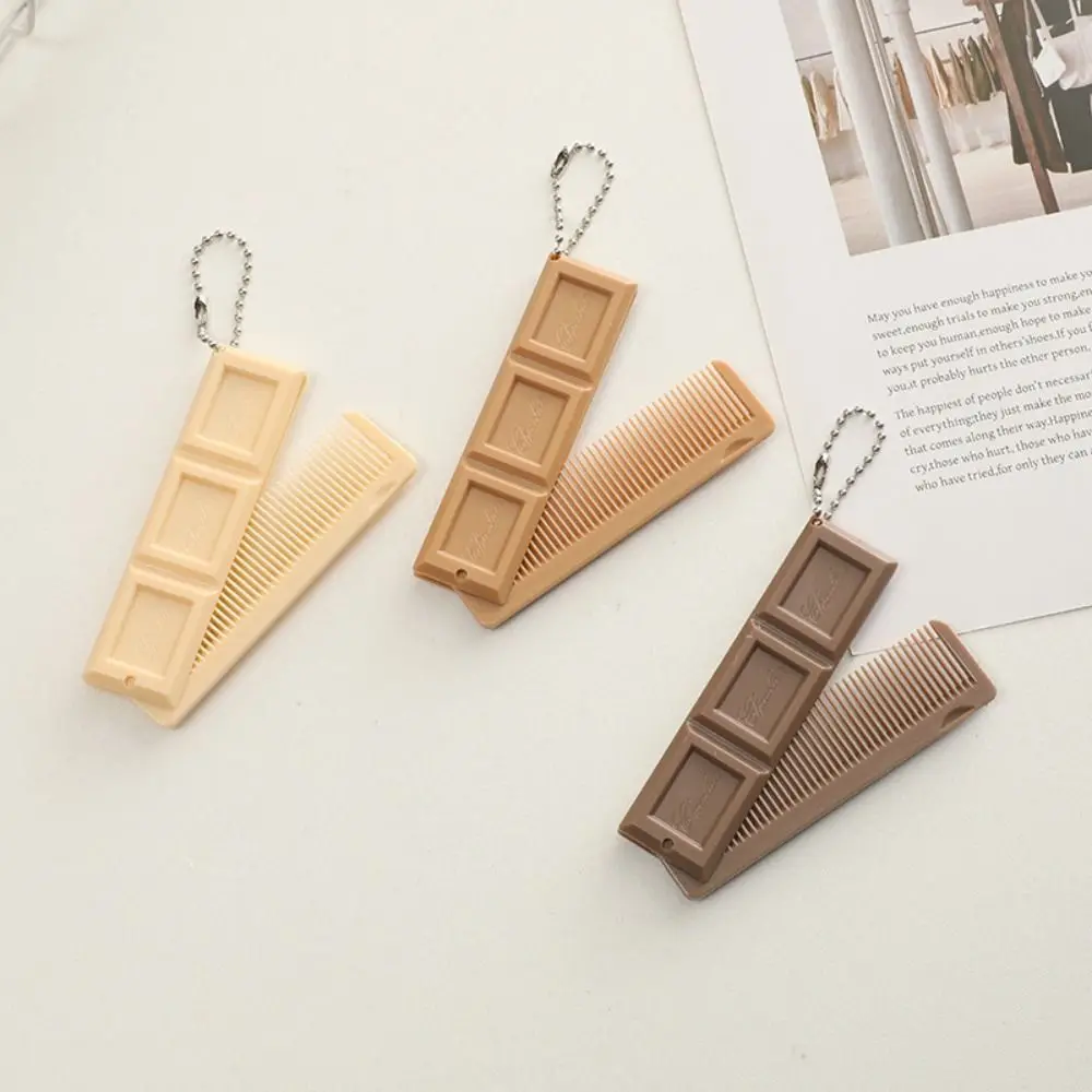 New 2-in-1 Folding Comb with Mirror Chocolate-Shaped Keychains Mini Portable Styling Tool Gift