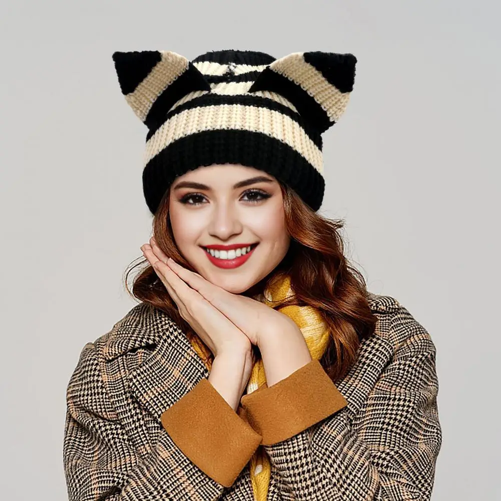 Elastic Winter Hat Demon Ear Winter Hat for Women Thick Knitted Beanie with Anti-slip Elastic Washable Weather Cap for Outdoor