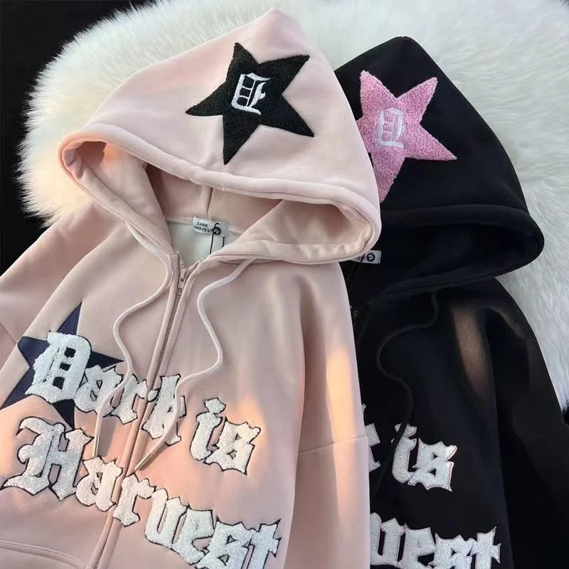Y2k Kawaii Embroidered Stars Zip Hoodie For Women Autumn Winter Oversize Sweatshirt Plush Thickened Fashion Streetwear Clothes