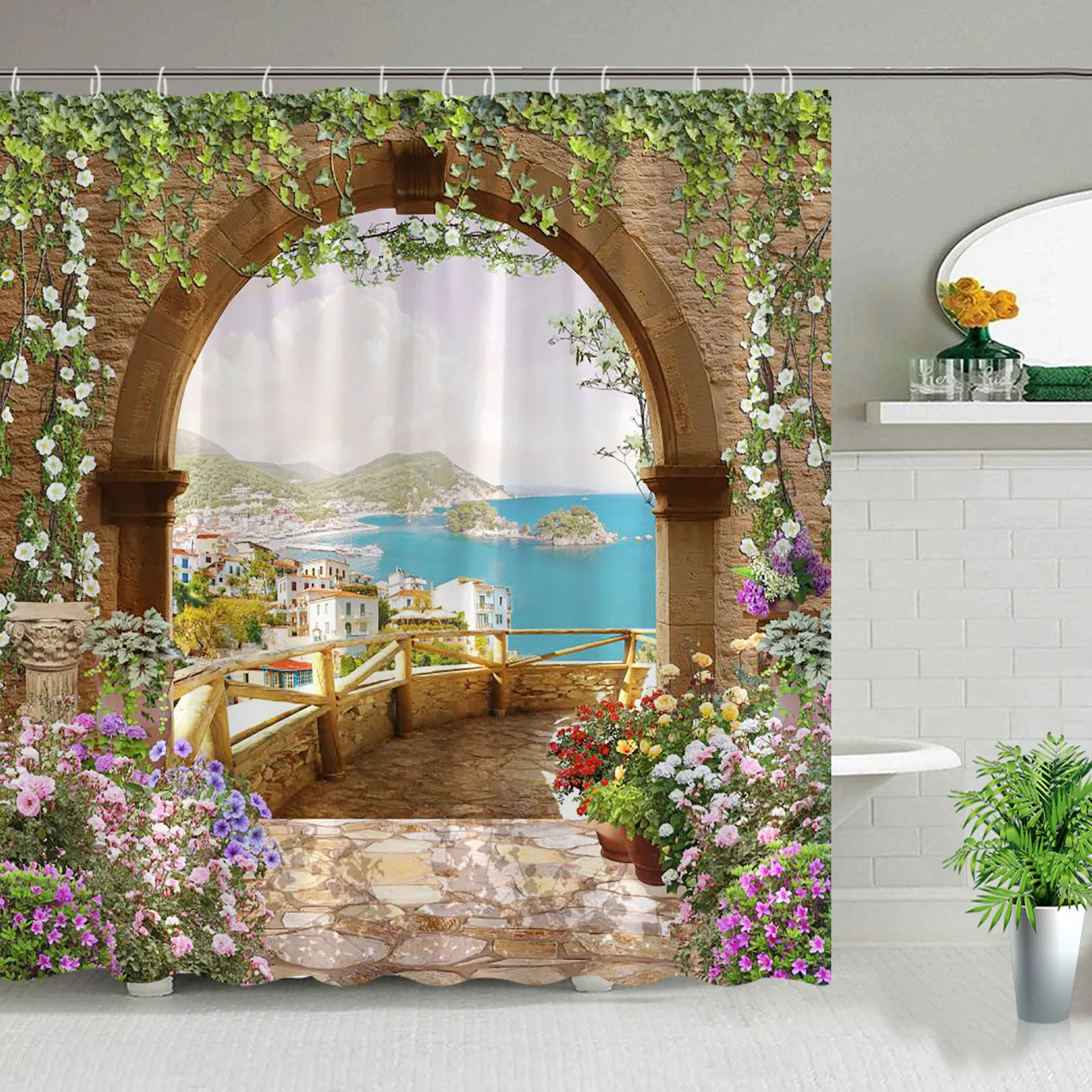 

Занавеска для душа с изображением Морского Пейзажа, тканевый Декор для ванной комнаты, балкона, средиземноморского океана, набор аксессуаров для ванной комнаты