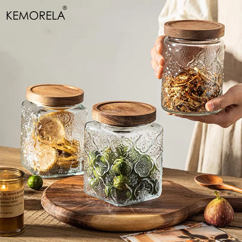 Glass Storage Jar Glass Storage Container KEMORELA Vintage Glass Jar Canister Storage with Seal Wooden Lid Retro Design Wood Glass Airtight Canister Embossed Container