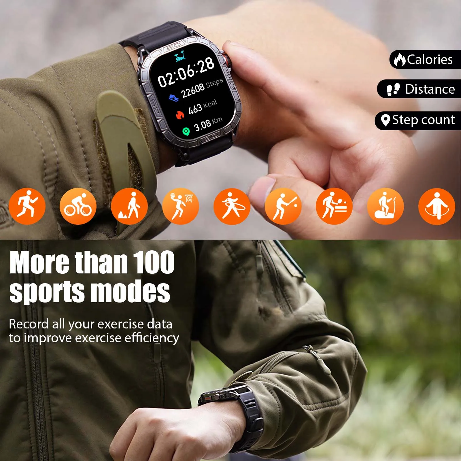 EIGIIS Smart Watch AMOLED Display 100+ Sport Mode With Compass IP68 Waterproof Bluetooth Call Heart Rate Blood Pressure Men K63