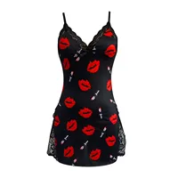 Valentine'S Day Red Lip Print Satin Slip Nightdress For Women V Neck Backless Mini Sleep Dress Women's Sleepwear Silky Dresses - Image 3