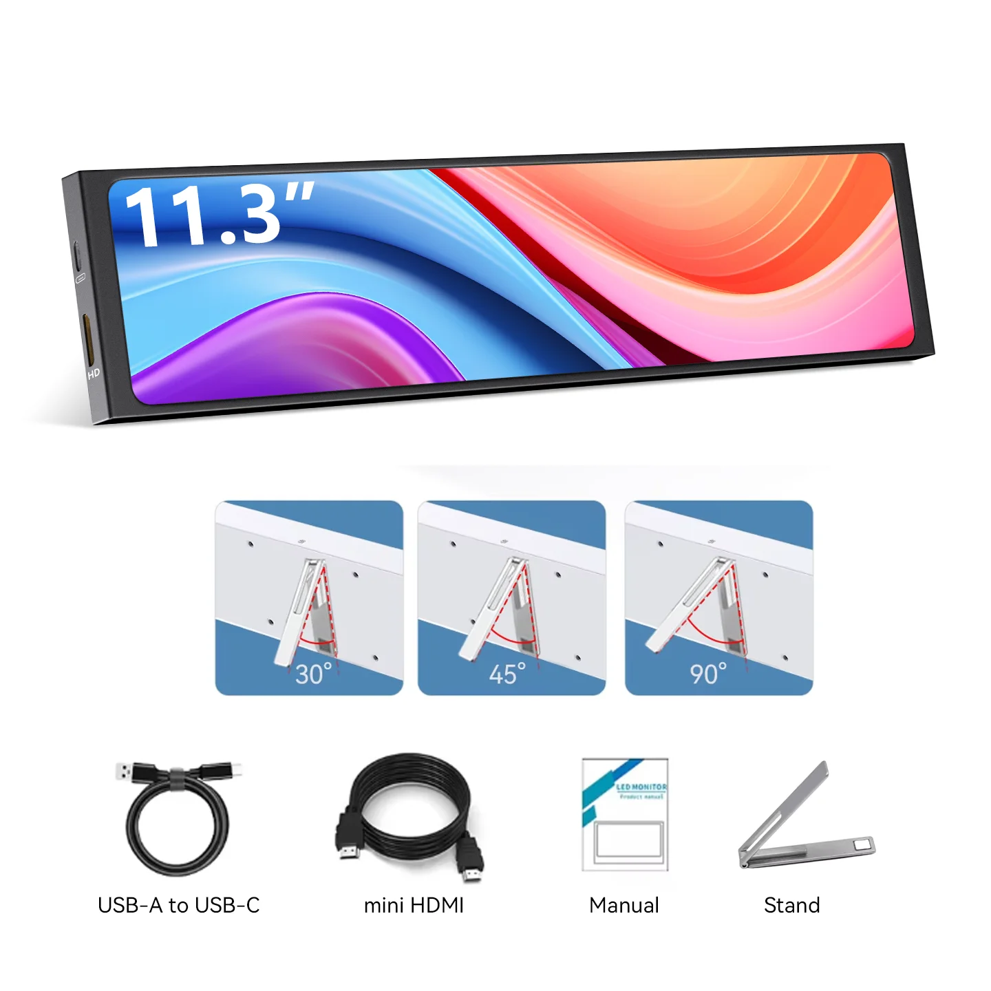 شاشة IPS صغيرة الحجم محمولة مقاس 11.3 بوصة متوافقة مع HDMI/USBC اتصال مزدوج لاستخدام الكمبيوتر المحمول