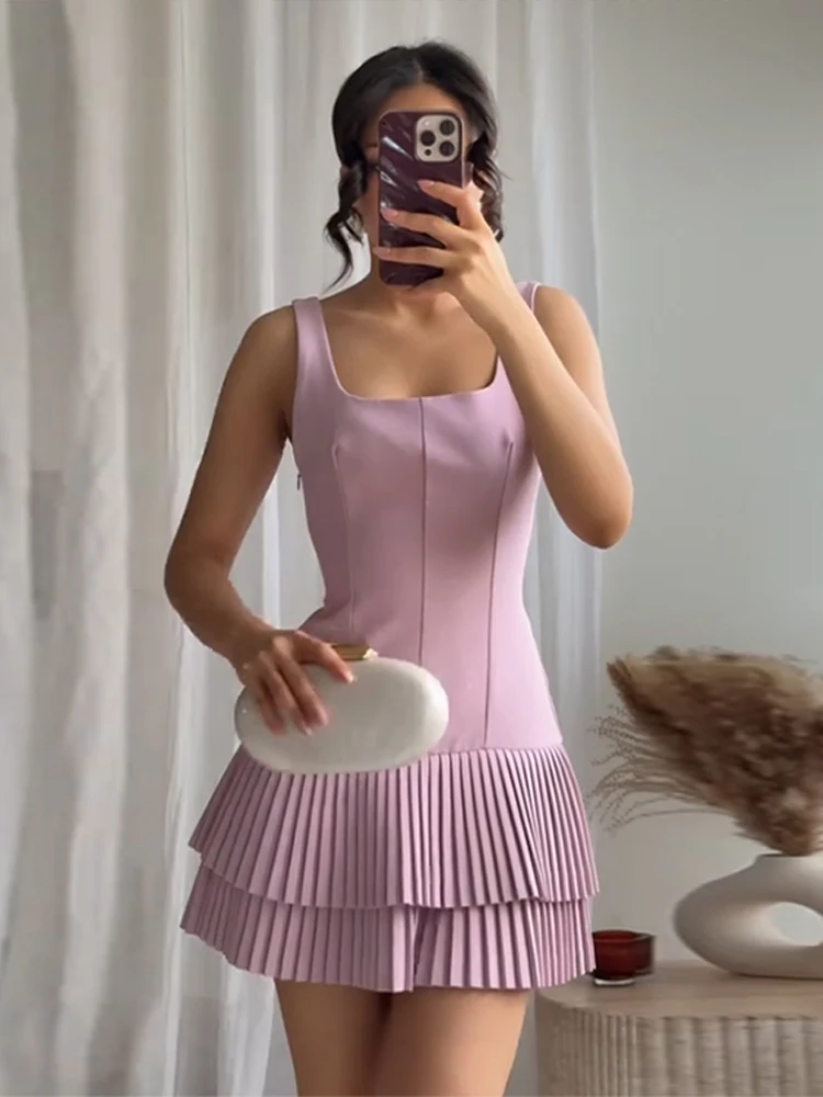 2025 Women Layered Ruffle Hem Tank Dress Square Neck Sleeveless Pleated  Short Dresses Spring Summer New Street Lady Vestidos - AliExpress 200000345