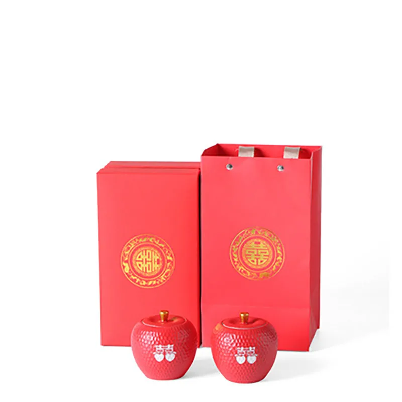 Ceramic Red Apple Shape Storage Jar, Double Happiness, Sealed Candy Dish, Food, Tea, Chinese Traditional Red, Wedding Party Supp