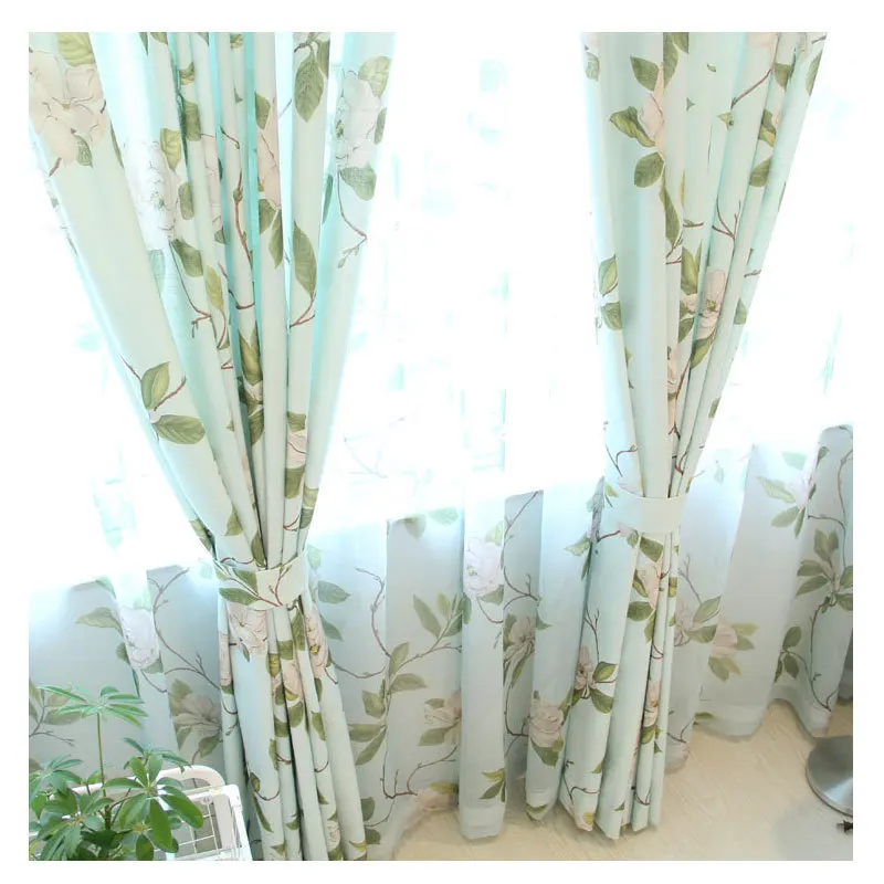 

Green Background White Flowers Imitation Linen Fabric Cut American Country Korean Pastoral Living Room Bedroom Printing Curtains
