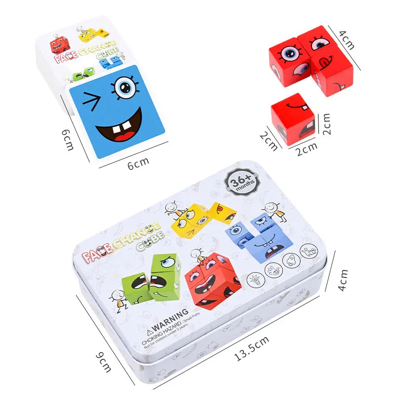 Kids Montessori Toys DIY Face Emoticon Change Cube Wooden Blocks with 64 pcs Cards Learning Education Toy 5