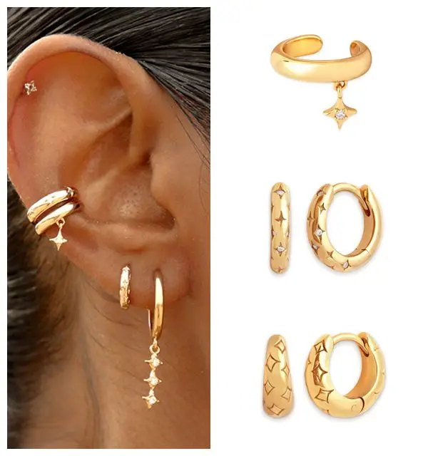 Cartilage perforation women 925 sterling silver ear Needle stars three-piece stacked fashion hoop earrings punk fashion jewelry