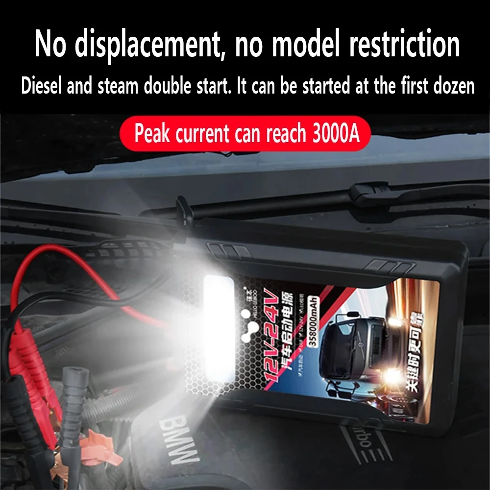 Car jump starter 12V/24V 358000mAh, a sturdy and durable electric starting device that can start any vehicle