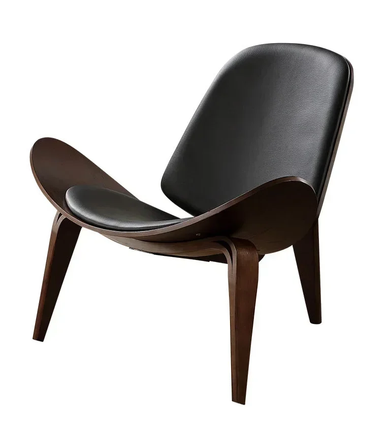 High-Quality Solid Wood Shell Chair-Three-Legged Ash Plywood, Black Faux Leather Living Room Furniture, Modern Leisure